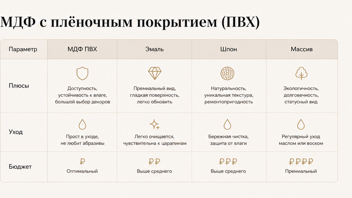 Сравнение фасадов МДФ ПВХ, эмаль, шпон и массив