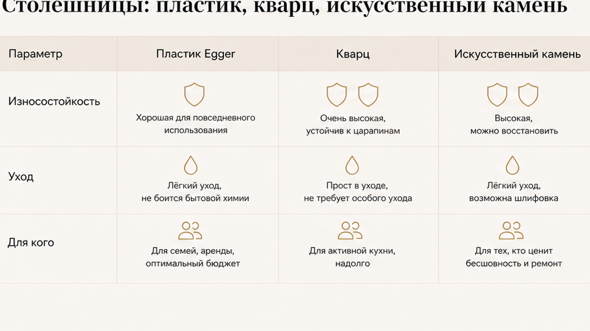 Сравнение столешниц: пластик, кварц, искусственный камень