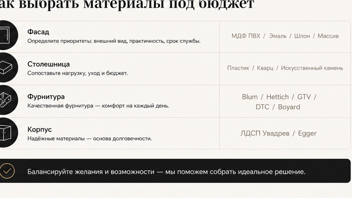 Чеклист выбора материалов кухни под бюджет