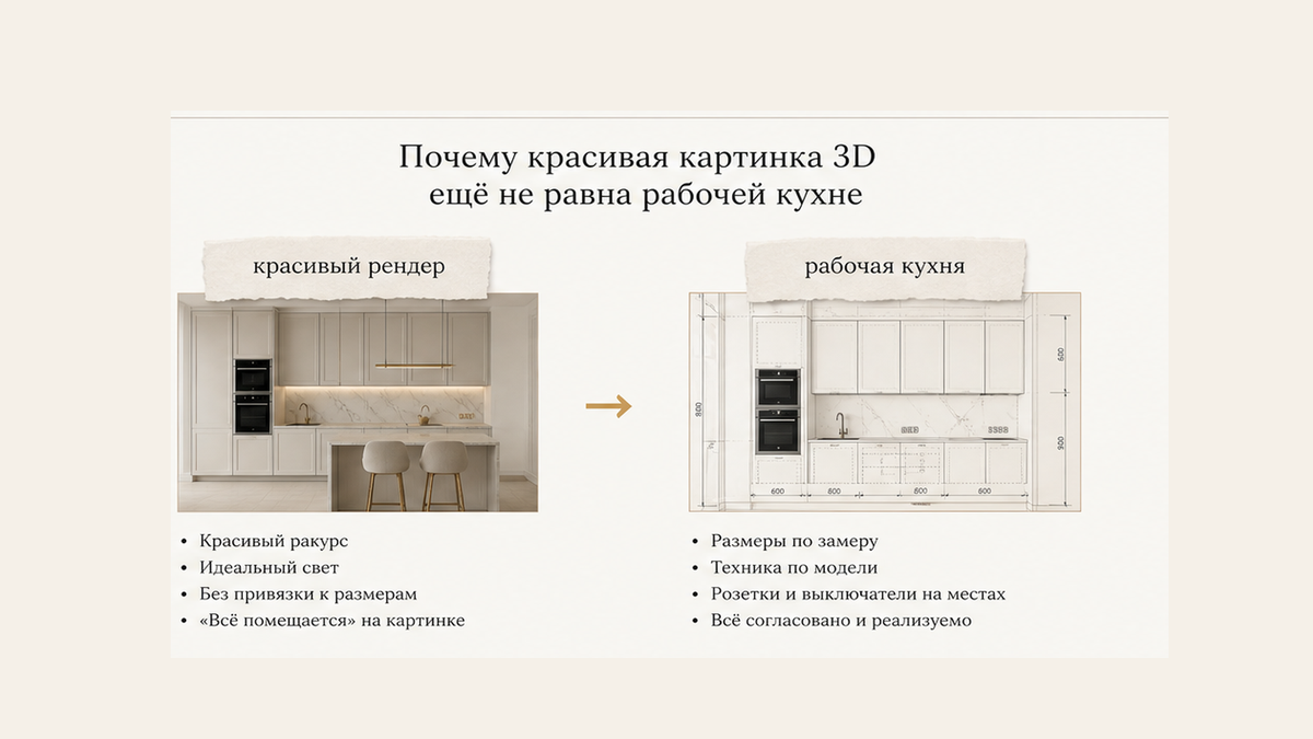 Сравнение: красивый 3D-рендер против рабочей кухни после замера