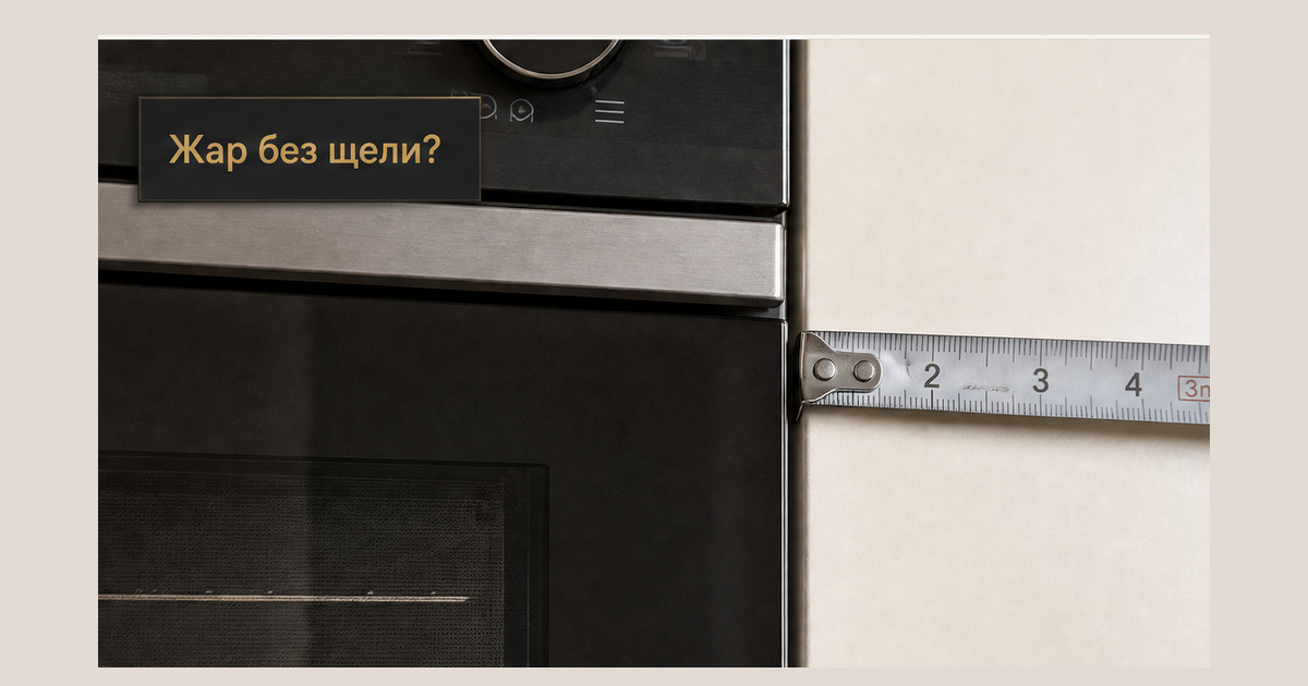 Духовка в высокой кремовой колонке, фронтальная щель между стеклом и фасадом сведена к нулю, рулетка в щели: крючок Жар без щели? без фото основателя