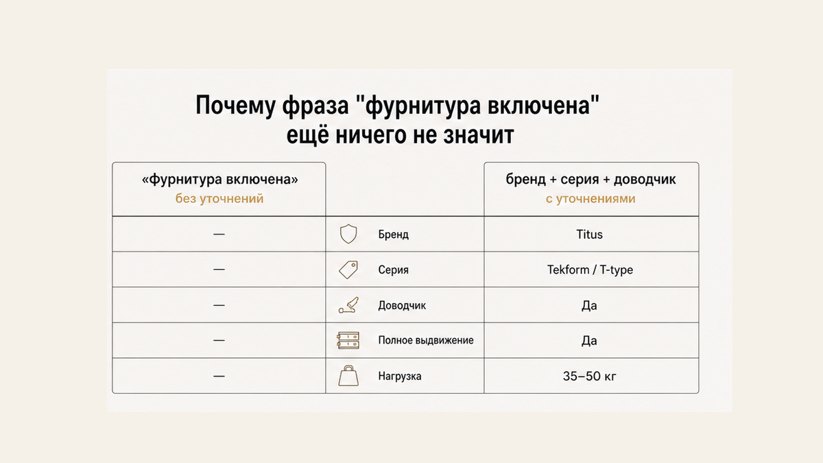 Сравнение: пустая строка «фурнитура включена» vs смета с брендом, серией и доводчиком