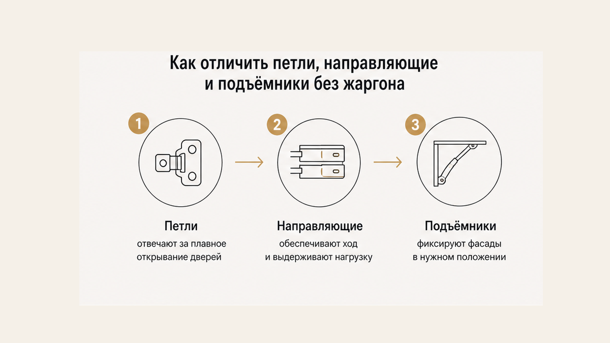 Схема: как отличить петли, направляющие и подъёмники без жаргона
