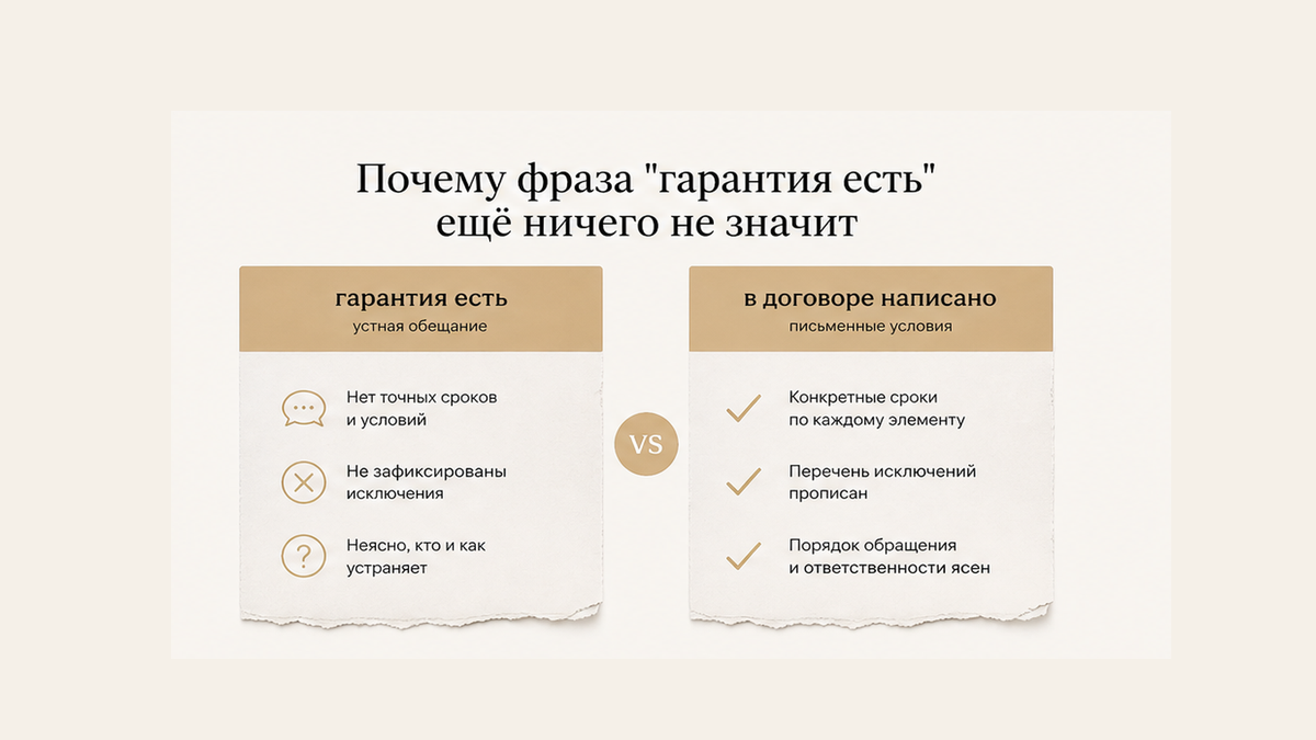 Сравнение: устная «гарантия есть» против пунктов в договоре