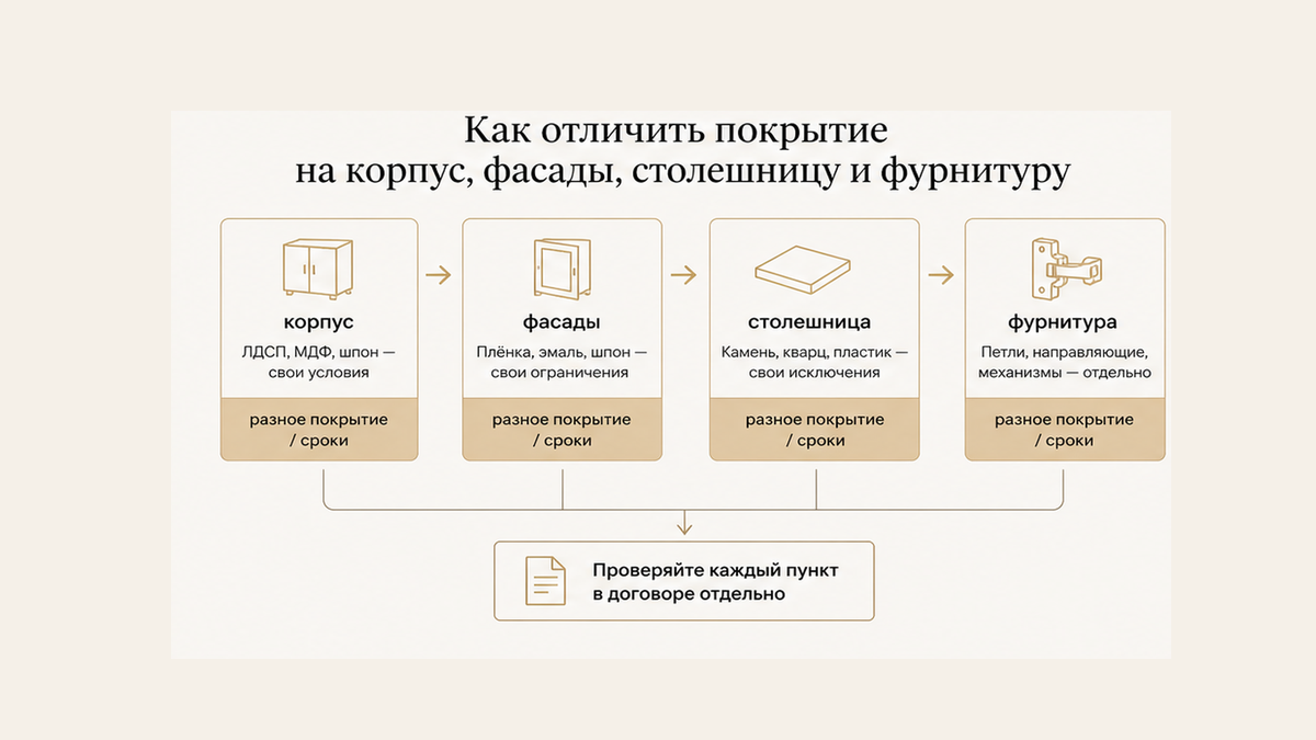 Схема покрытия гарантии: корпус, фасады, столешница, фурнитура