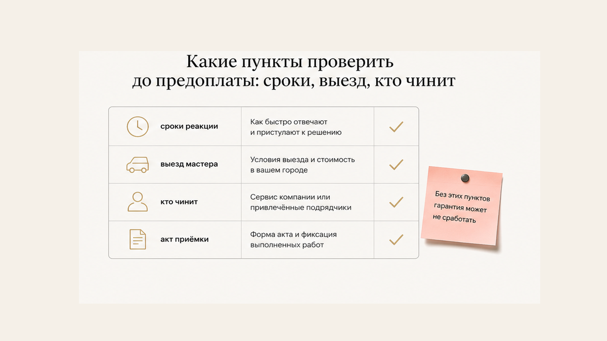 Чеклист до предоплаты: сроки, выезд, кто чинит, акт