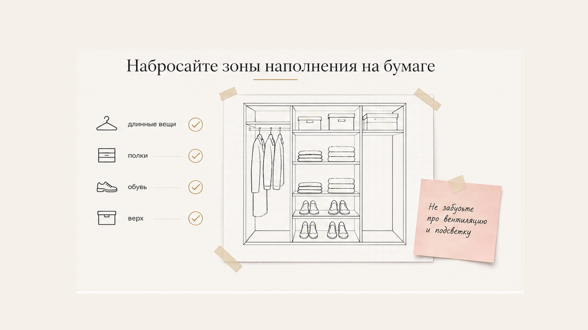 Чеклист зон наполнения гардеробной на бумажном плане ниши