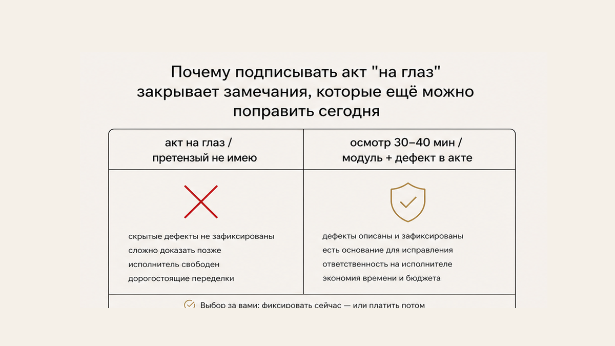 Сравнение: чистый акт «претензий не имею» против осмотра 30–40 минут с замечаниями