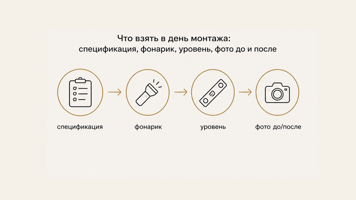 Пакет на день монтажа: спецификация, фонарик, уровень и фото до и после