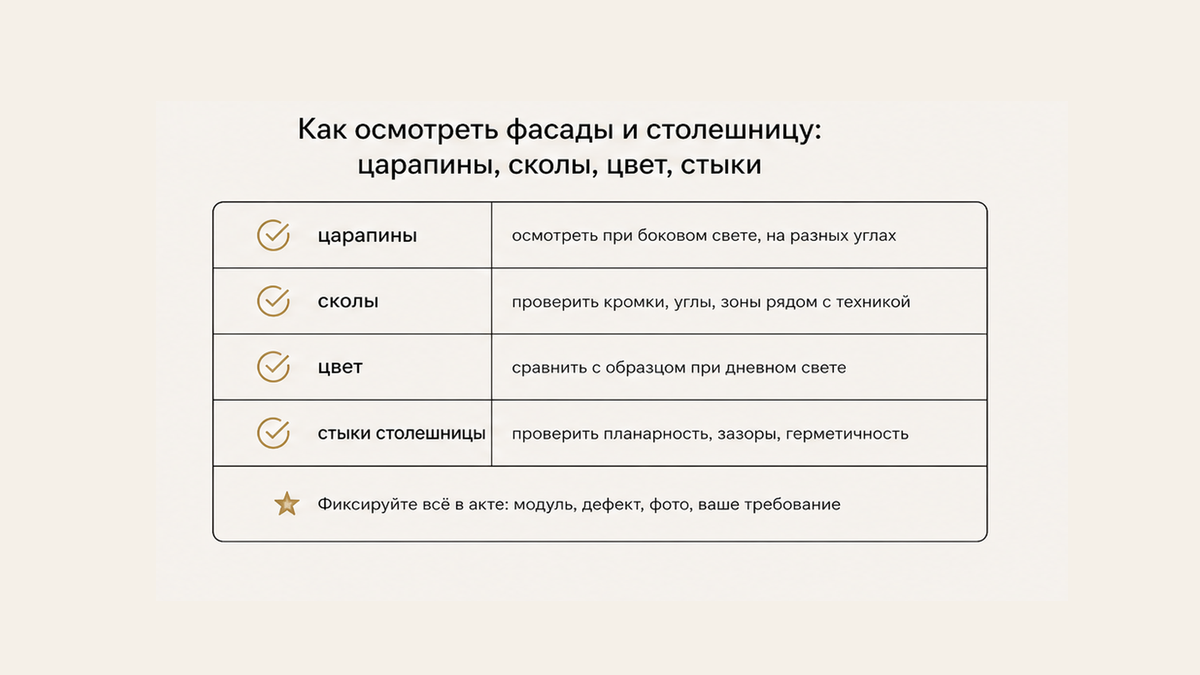 Чеклист осмотра фасадов и столешницы: царапины, сколы, цвет, стыки