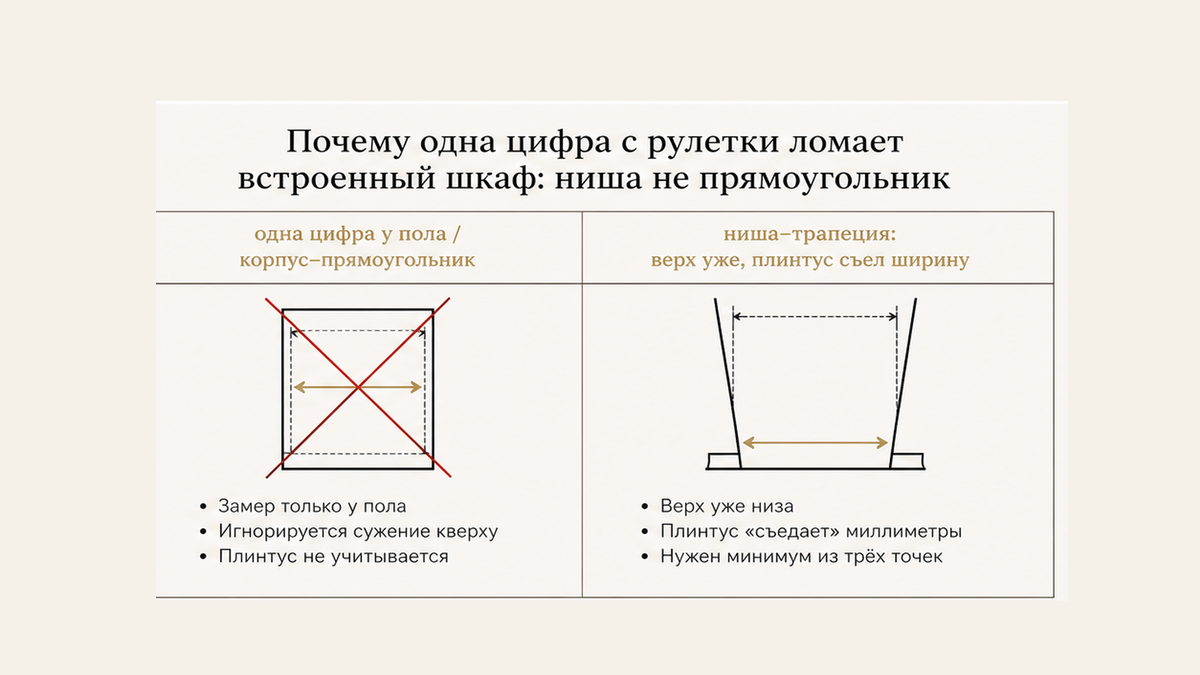 Сравнение: одна цифра у пола и ниша-трапеция — верх уже, плинтус съел ширину