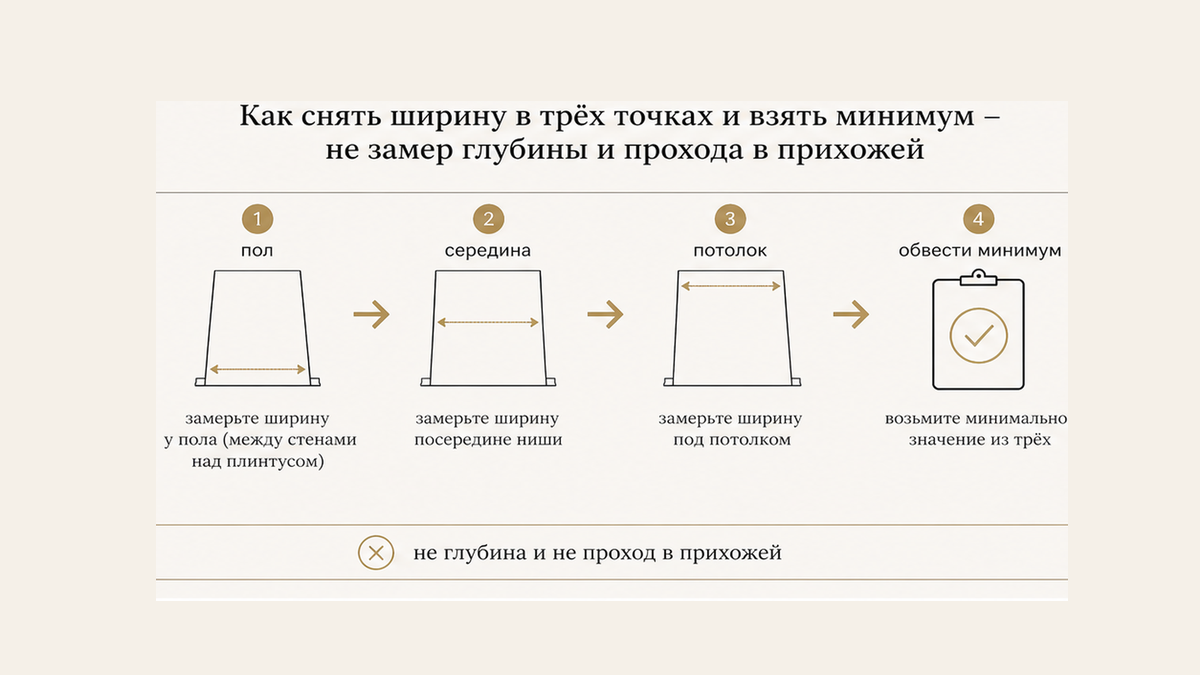 Схема: ширина у пола, на середине и под потолком, обведён минимум — не глубина и не проход