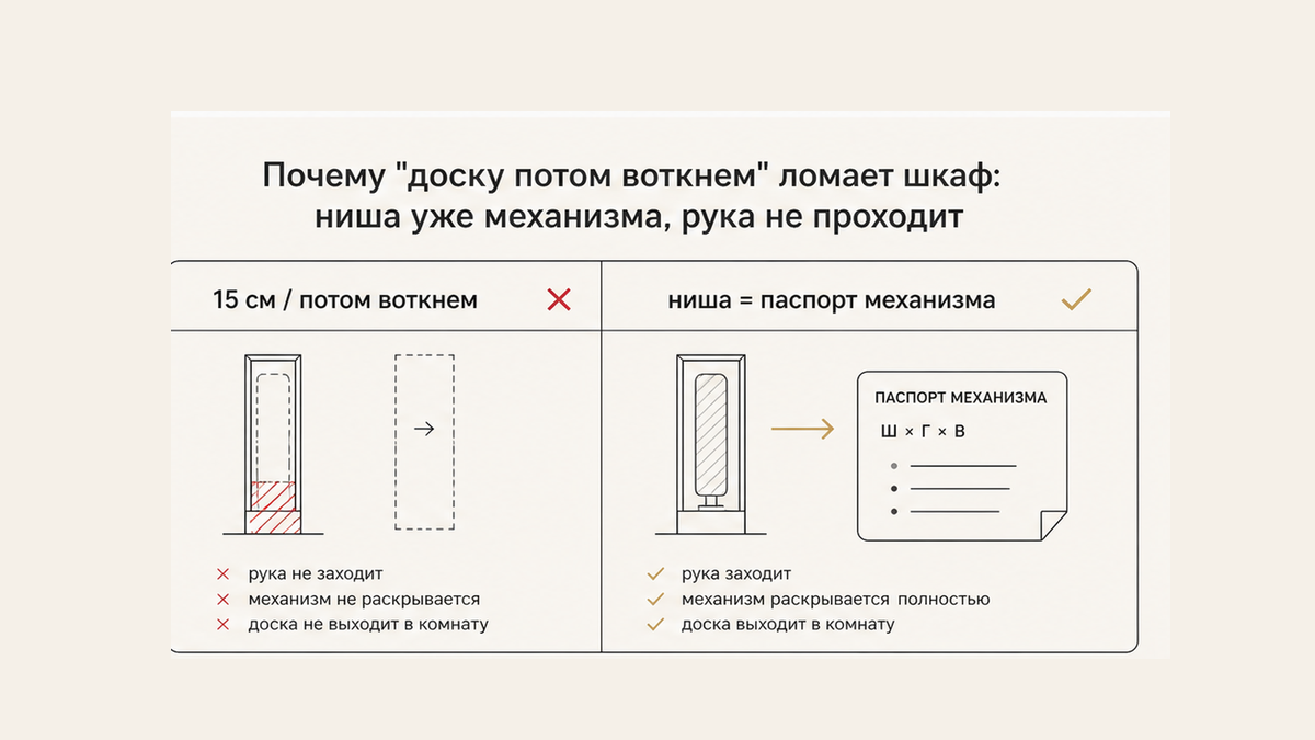 Сравнение: отделение 15 см «доску потом воткнем» — рука не проходит, против ниши по паспорту механизма