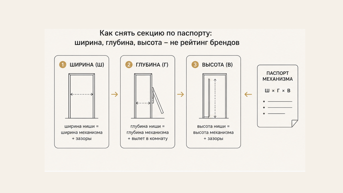 Схема без людей: три шага ниши по паспорту — внутренняя ширина, глубина, высота, не рейтинг брендов
