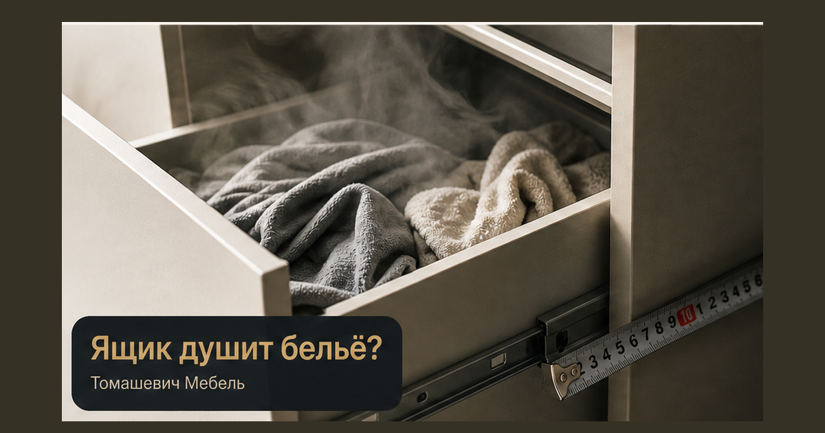 Глухой нижний ящик шкафа с преющим бельём без сетки, корзина не выезжает, рулетка около 280 мм против проёма под фасад 400; крючок Ящик душит бельё? без лица основателя