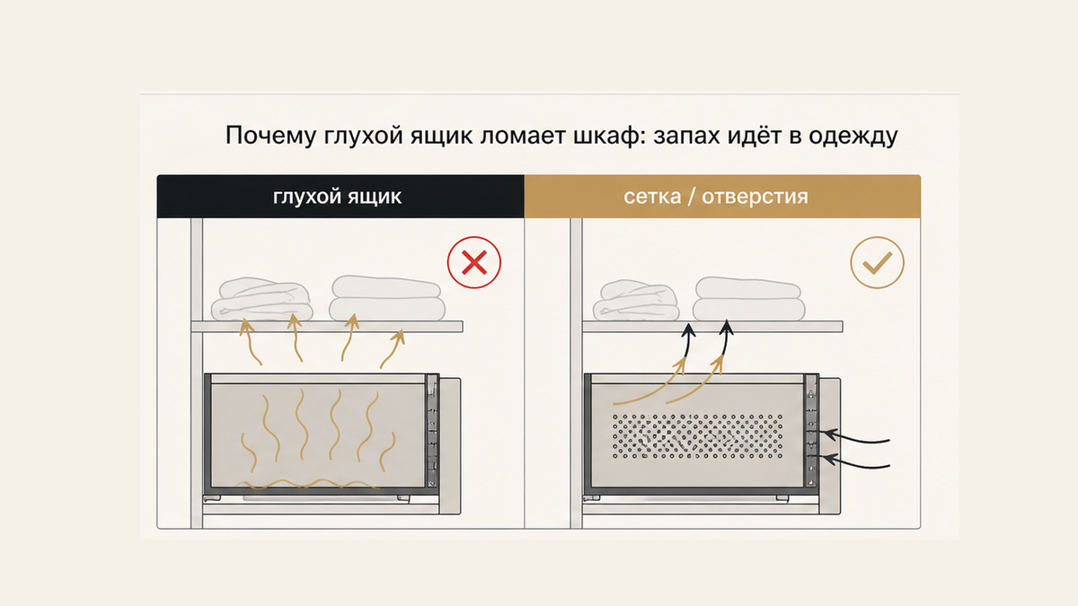 Сравнение без людей: глухой ящик копирует запах в одежду против сетки с отверстиями в секции