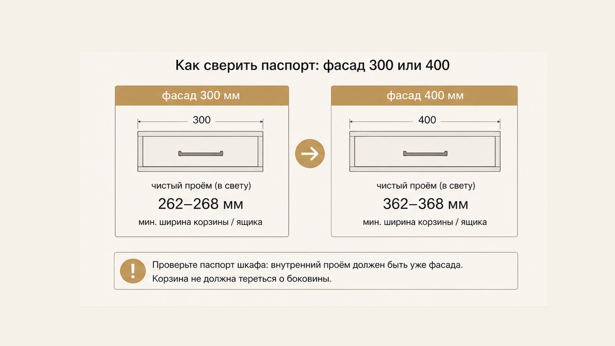 Схема без людей: паспорт фасада 300 или 400 и внутренняя ширина 262–268 против 362–368 мм