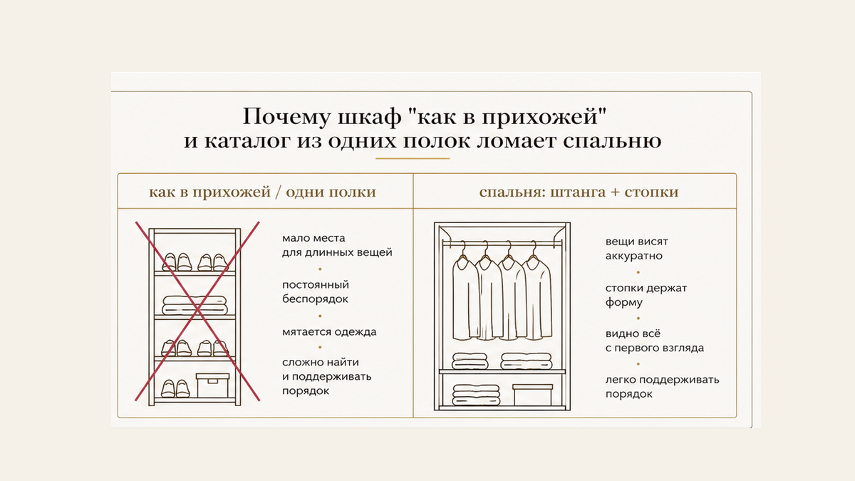 Сравнение: шкаф как в прихожей из одних полок и спальня со штангой и стопками