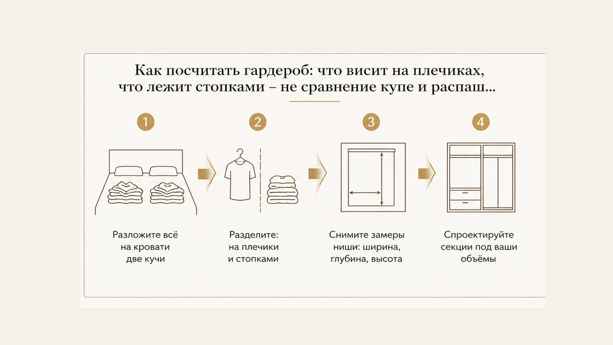 Схема счёта гардероба: плечики, стопки, замер ниши, секции на листе