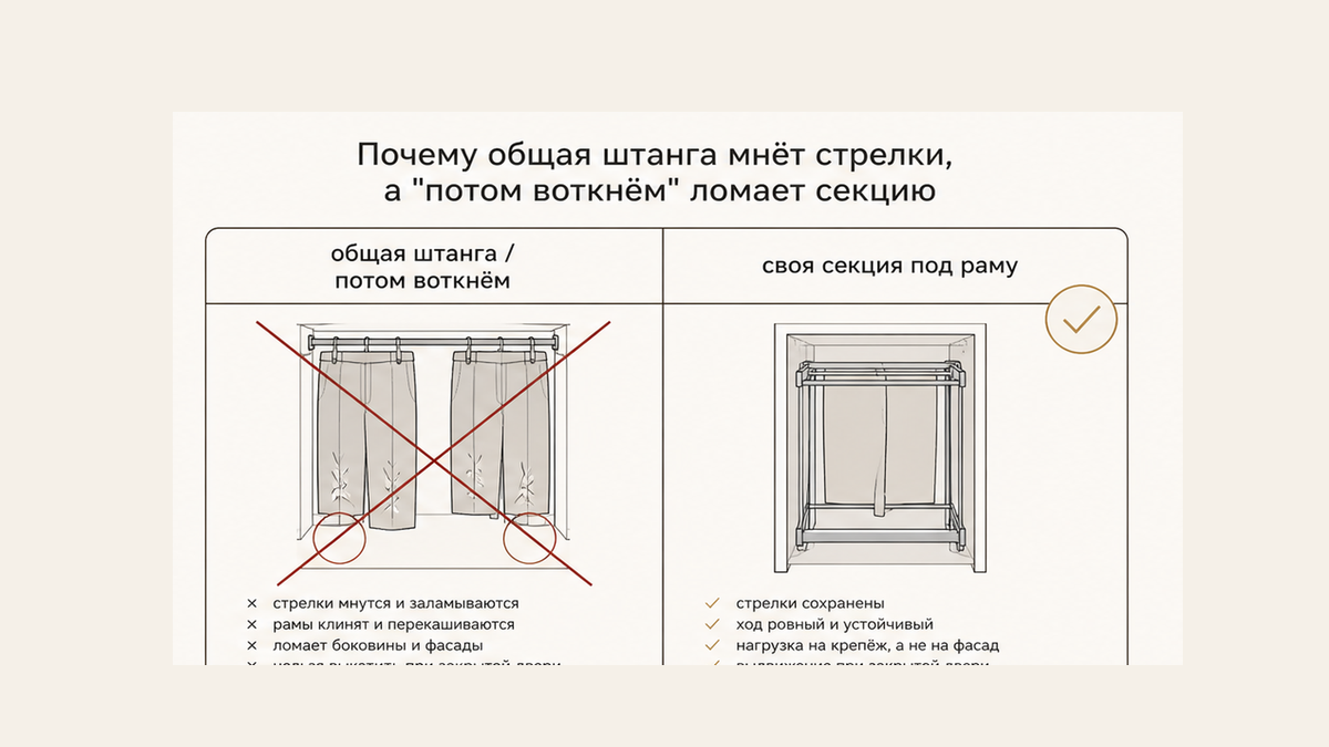 Сравнение без людей: общая штанга мнёт классику против своей секции под выдвижную брючницу