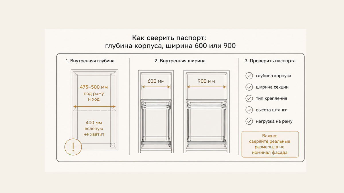 Схема без людей: паспорт внутренней глубины 475–500 мм и ширины секции 600 или 900