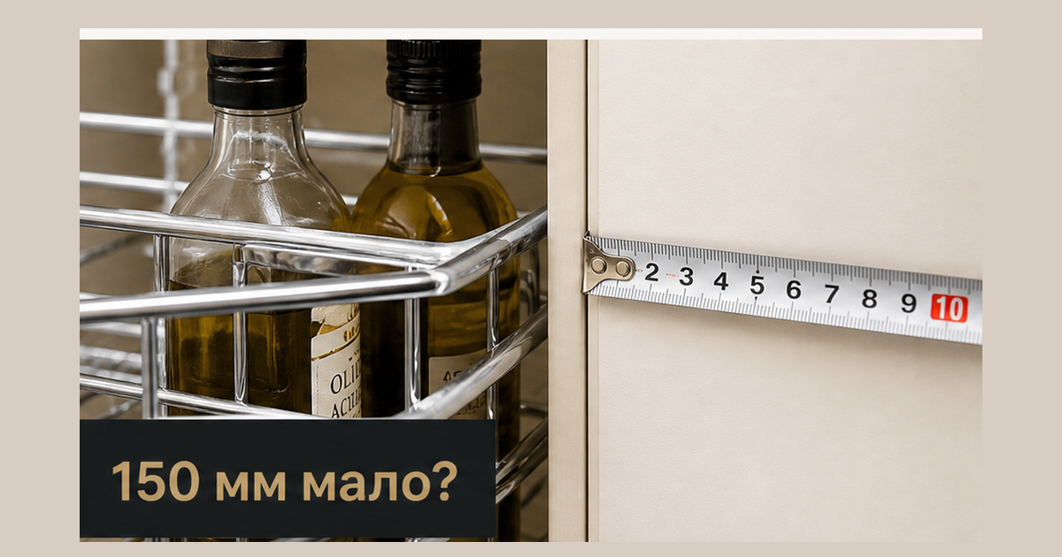 Узкая кухонная база: бутылки масла зажаты в корзине, фасад 150 мм, внутренний просвет уже паспорта; крючок 150 мм мало? без лица основателя