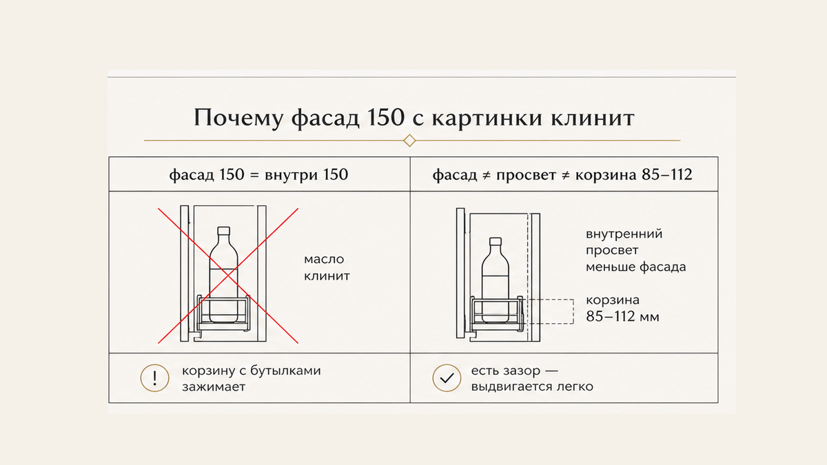 Сравнение без людей: ярлык фасада 150 не равен просвету и не равен корзине 85–112 мм