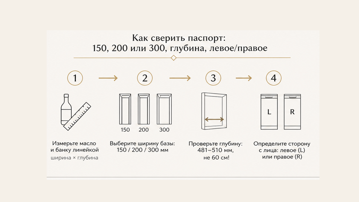 Схема без людей: три ширины паспорта, внутренняя глубина 481–510 мм и сторона L/R