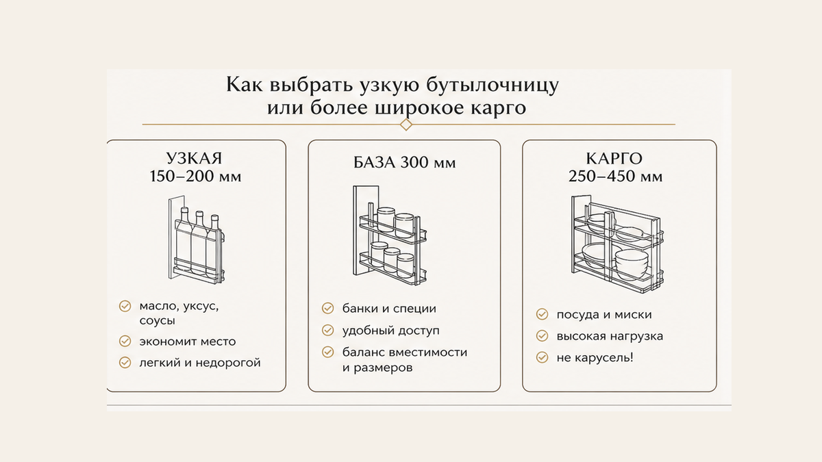 Три схемы без людей: узкая бутылочница 150–200, база 300 под банки и широкое карго под посуду