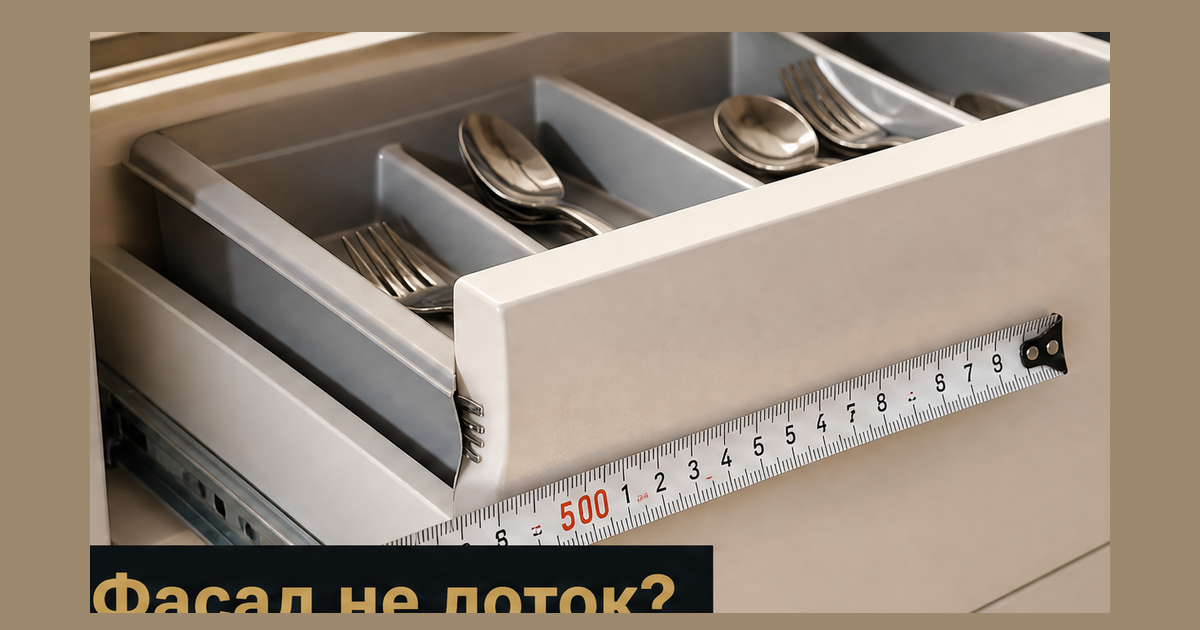 Ящик кухни с фасадом 600: лоток клинит о боковину, вилки в куче, рулетка на фасаде против внутреннего просвета после направляющих; крючок Фасад не лоток? без лица основателя