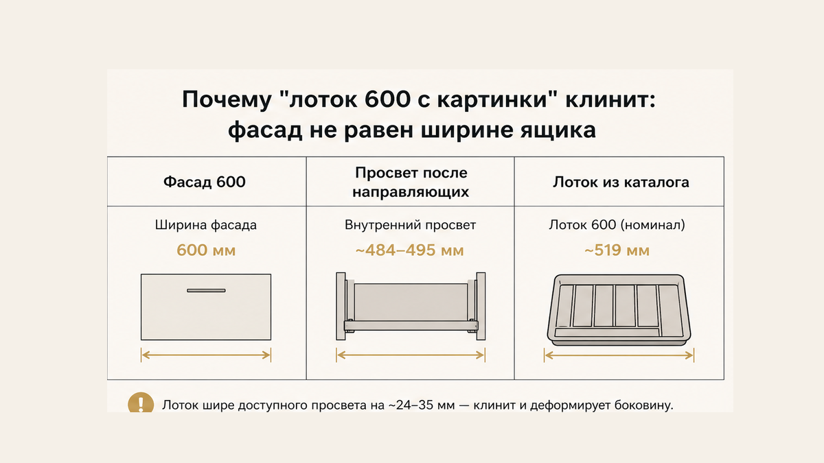 Сравнение без людей: ярлык фасада 600 не равен просвету после направляющих и не равен лотку около 519 или 484–495 мм; вилки в куче у боковины