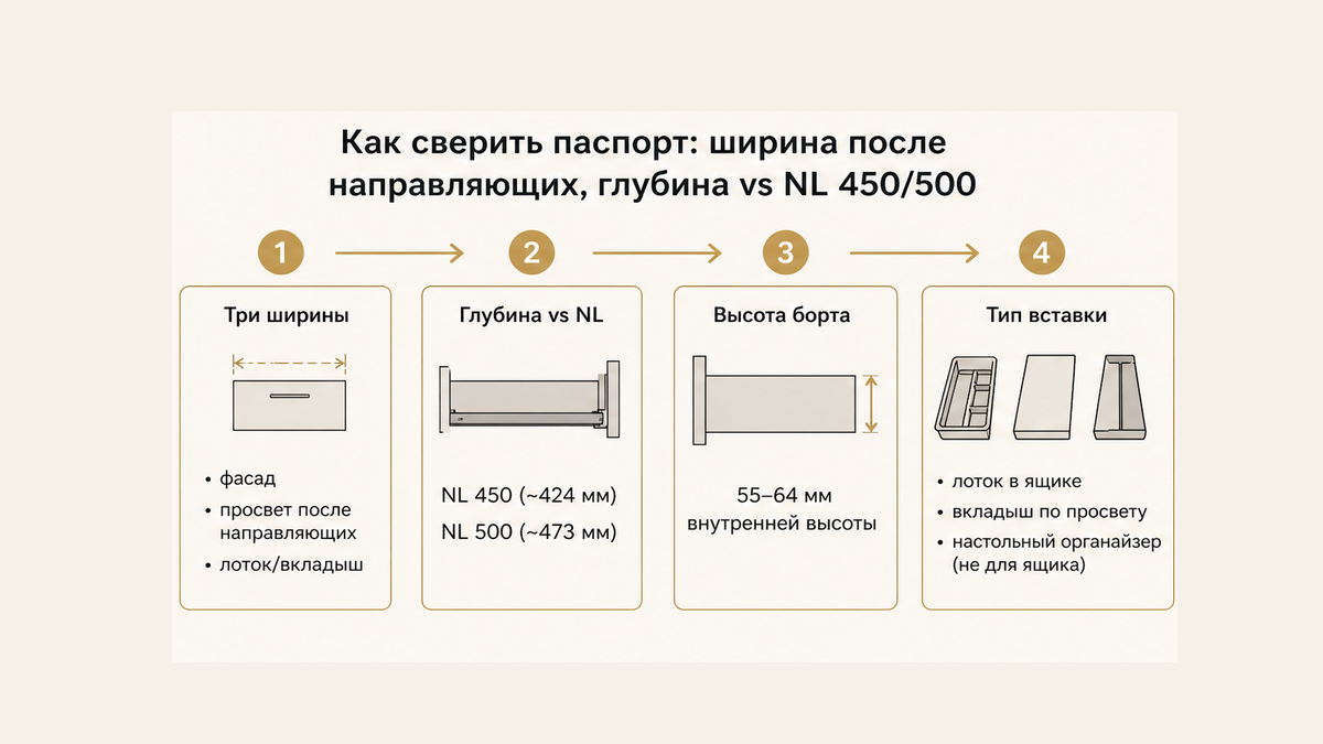 Схема без людей: три ширины паспорта, внутренняя глубина vs NL 450 и 500, высота лотка около 55–64 мм