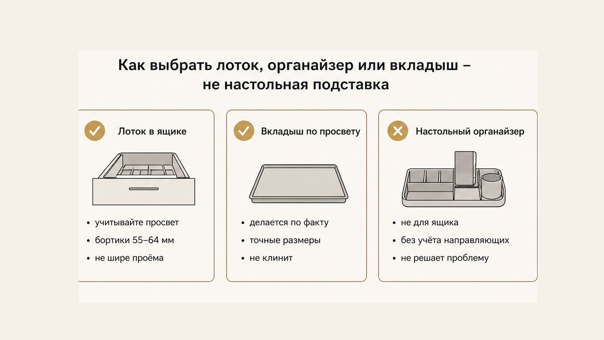 Три схемы без людей: лоток в ящике кухни, вкладыш по просвету и настольный органайзер на столе; раздвижной не вместо паспорта