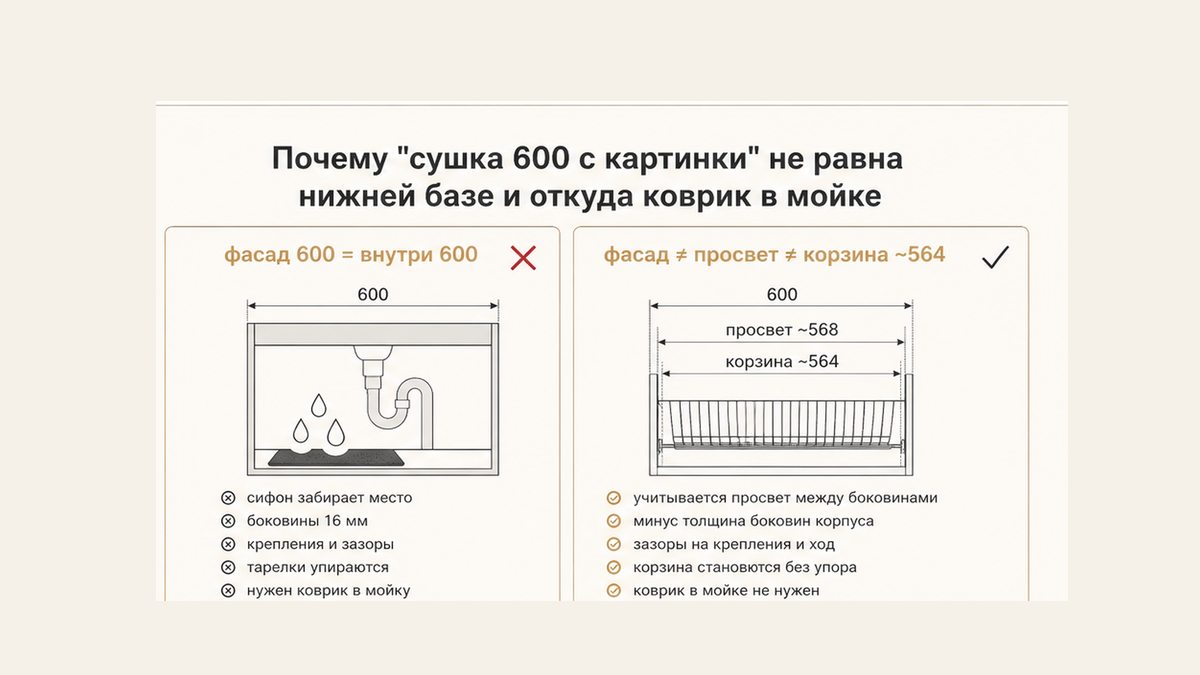 Сравнение без людей: ярлык фасада 600 не равен просвету и не равен корзине около 564 мм; мокрые тарелки на коврике в мойке