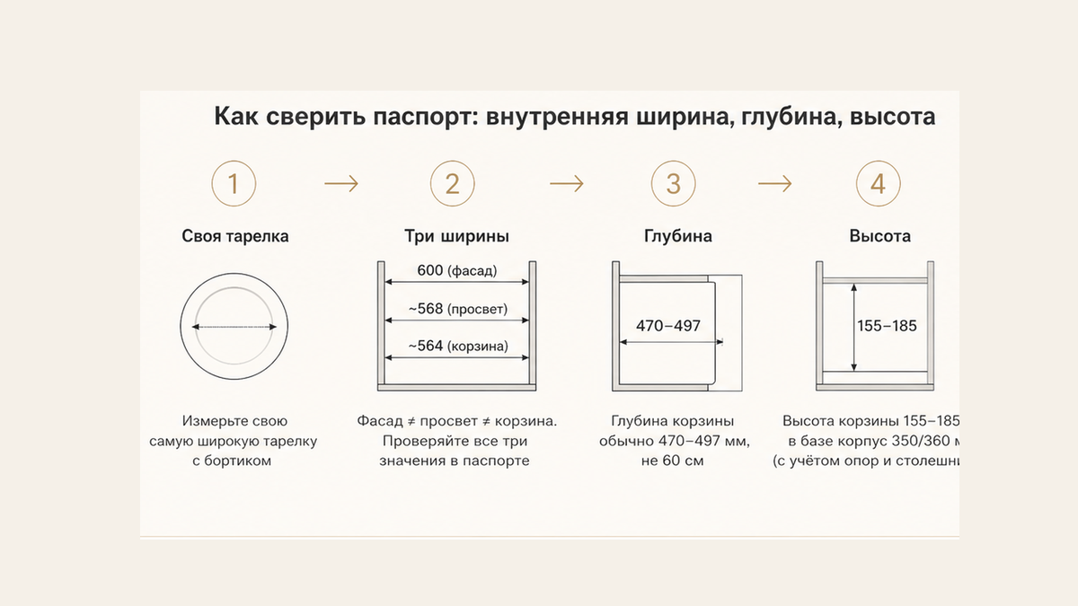 Схема без людей: три ширины паспорта, внутренняя глубина 470–497 мм и высота корзины 155–185 против корпуса 350–360