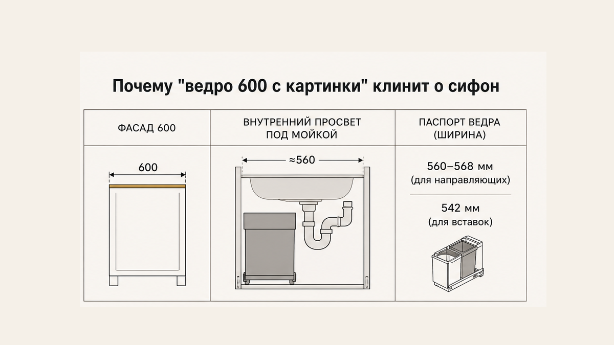 Сравнение без людей: ярлык фасада 600 не равен просвету и не равен системе 560–568 или 542 мм; ведро клинит о сифон