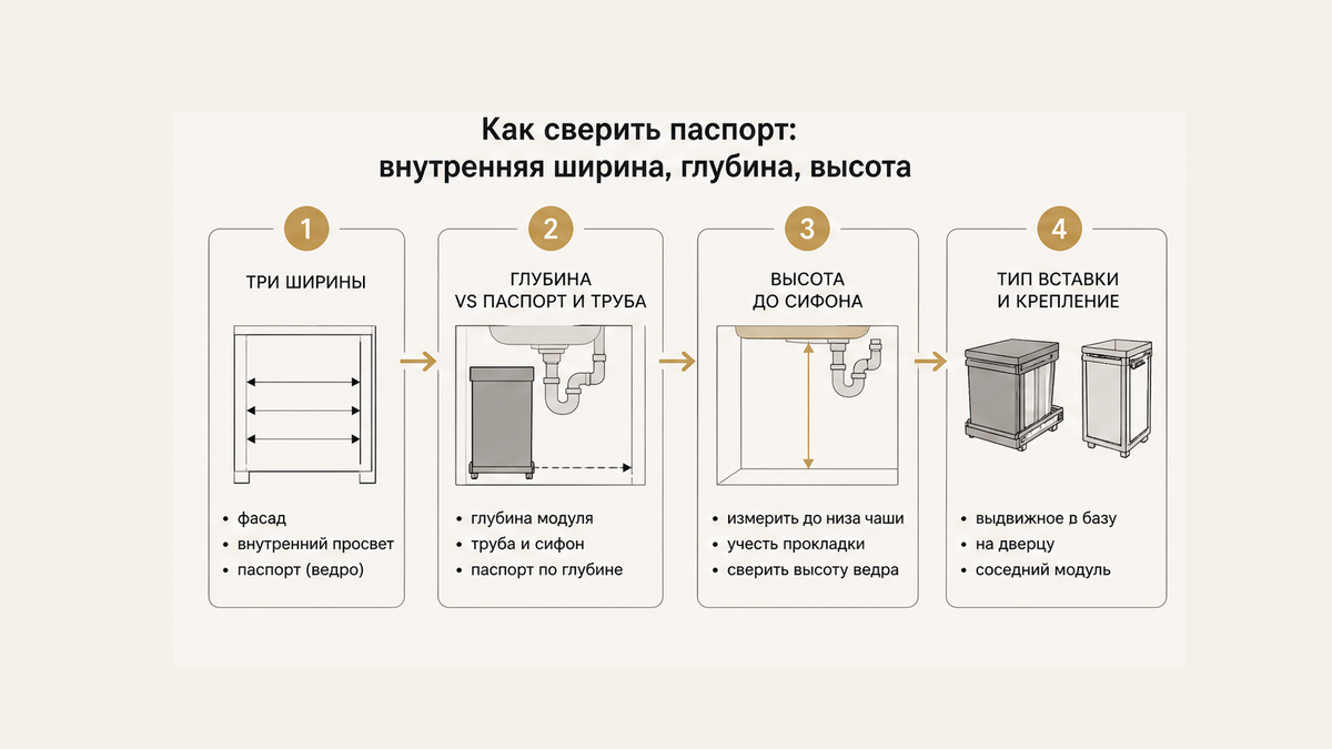 Схема без людей: три ширины паспорта, внутренняя глубина и высота до сифона до раскроя