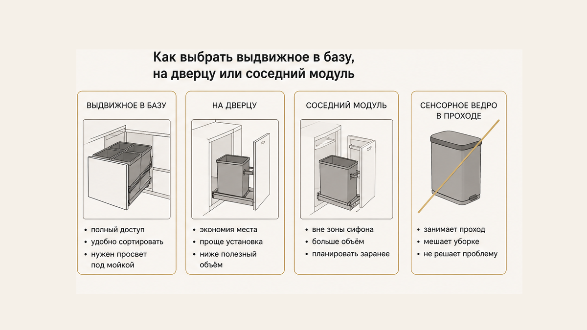 Три схемы без людей: выдвижное ведро в базу, ковш на дверцу и соседний модуль; сенсорное в проходе вычёркнуто