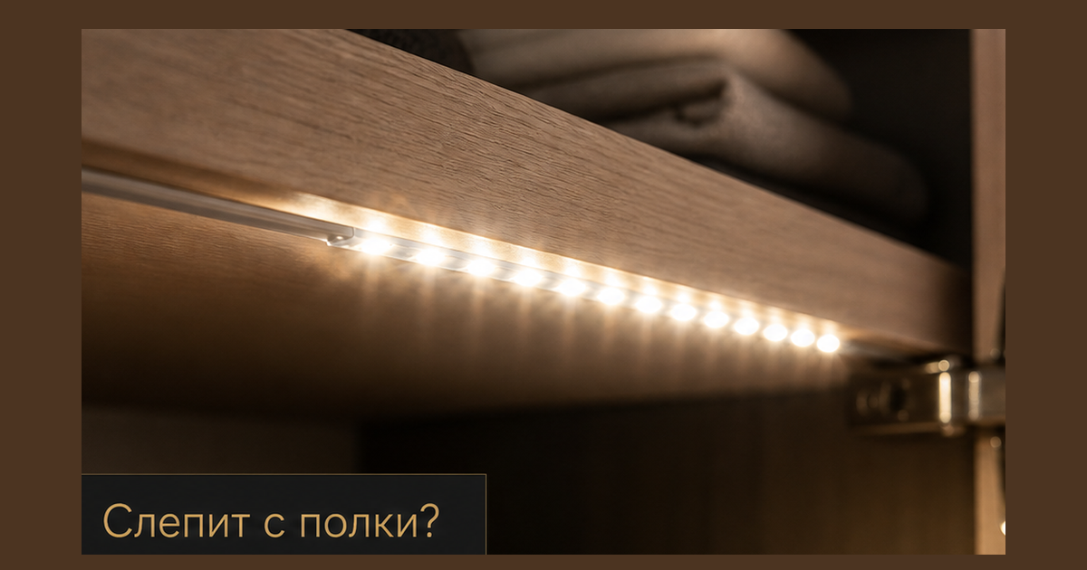 Голая LED-лента на передней кромке полки шкафа: открытая дверь, свет в глаза, вещи в глубине в тени; крючок Слепит с полки? без лица основателя