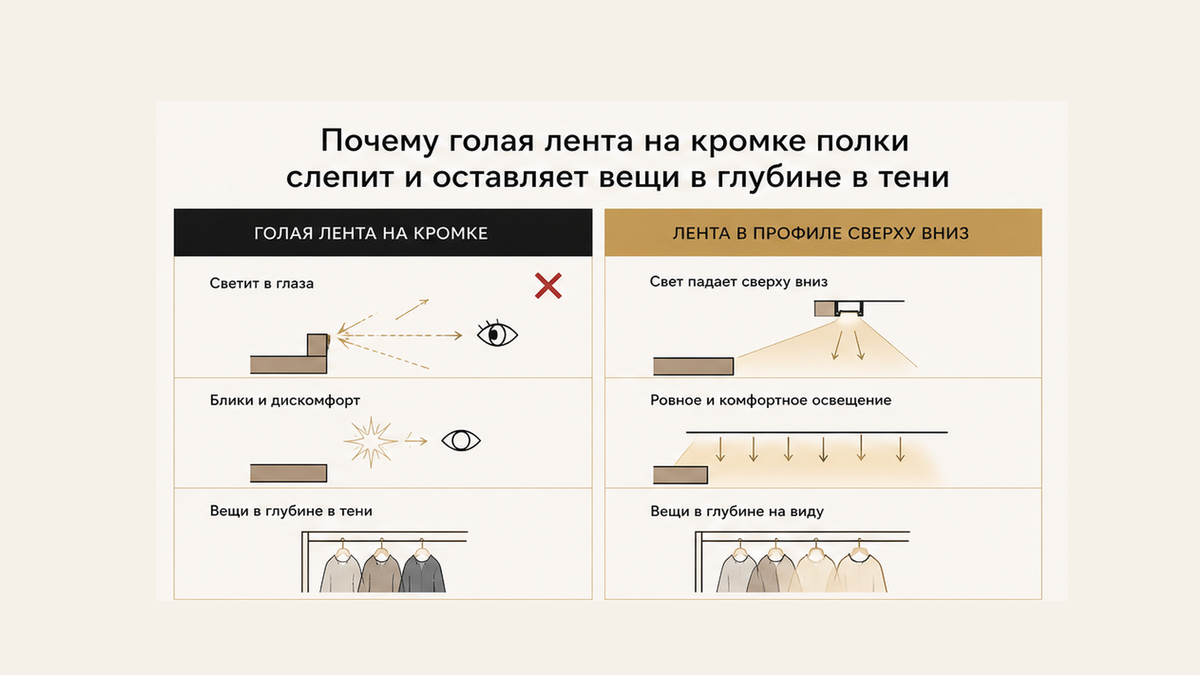 Сравнение: голая LED-лента на кромке полки против ленты в алюминиевом профиле с рассеивателем
