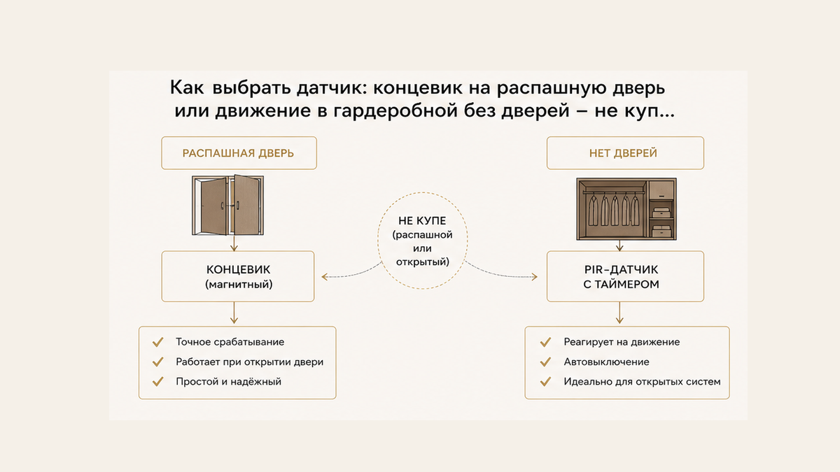 Схема без людей: концевик на распашной створке против датчика движения в гардеробной без дверей