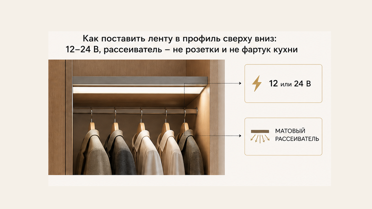 Алюминиевый профиль с матовым рассеивателем вверху шкафа, свет сверху вниз на вещи, 12 или 24 В