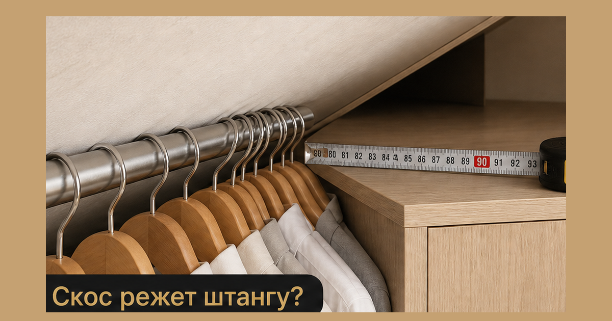 Шкаф под скатом: штанга в низкой зоне, плечики упираются в скос, готовый прямой корпус оставляет треугольник пустым; крючок Скос режет штангу? без лица основателя