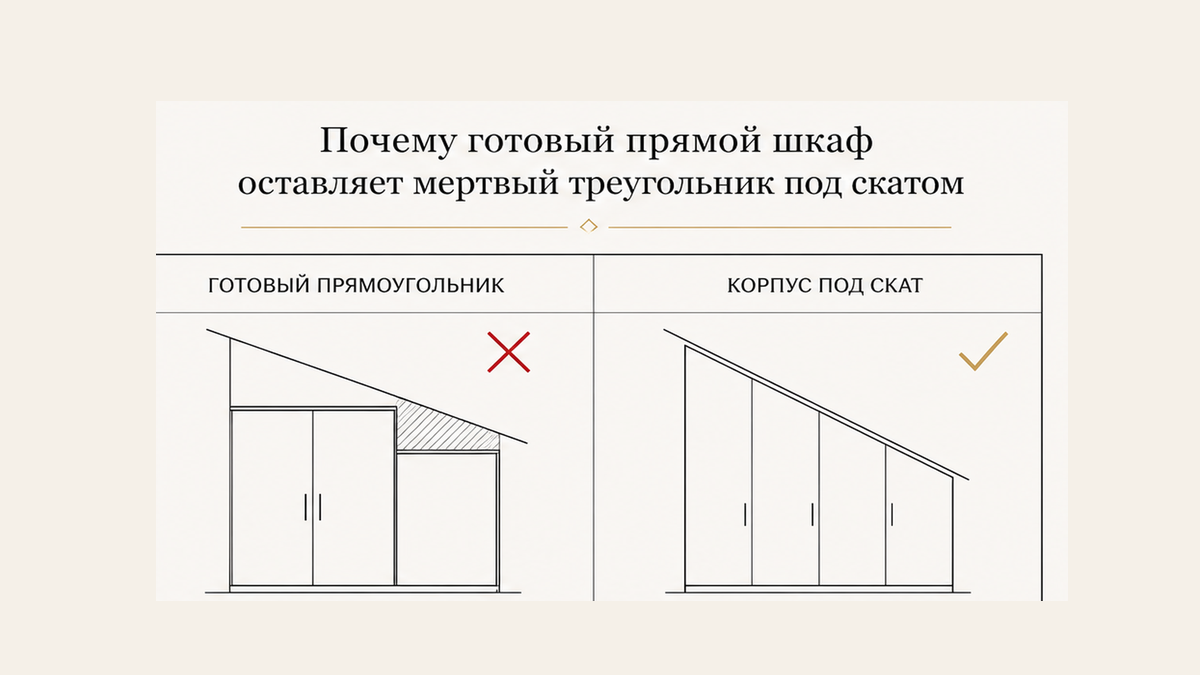 Сравнение: готовый прямой шкаф оставляет мёртвый треугольник под скатом против корпуса, подогнанного под крышу