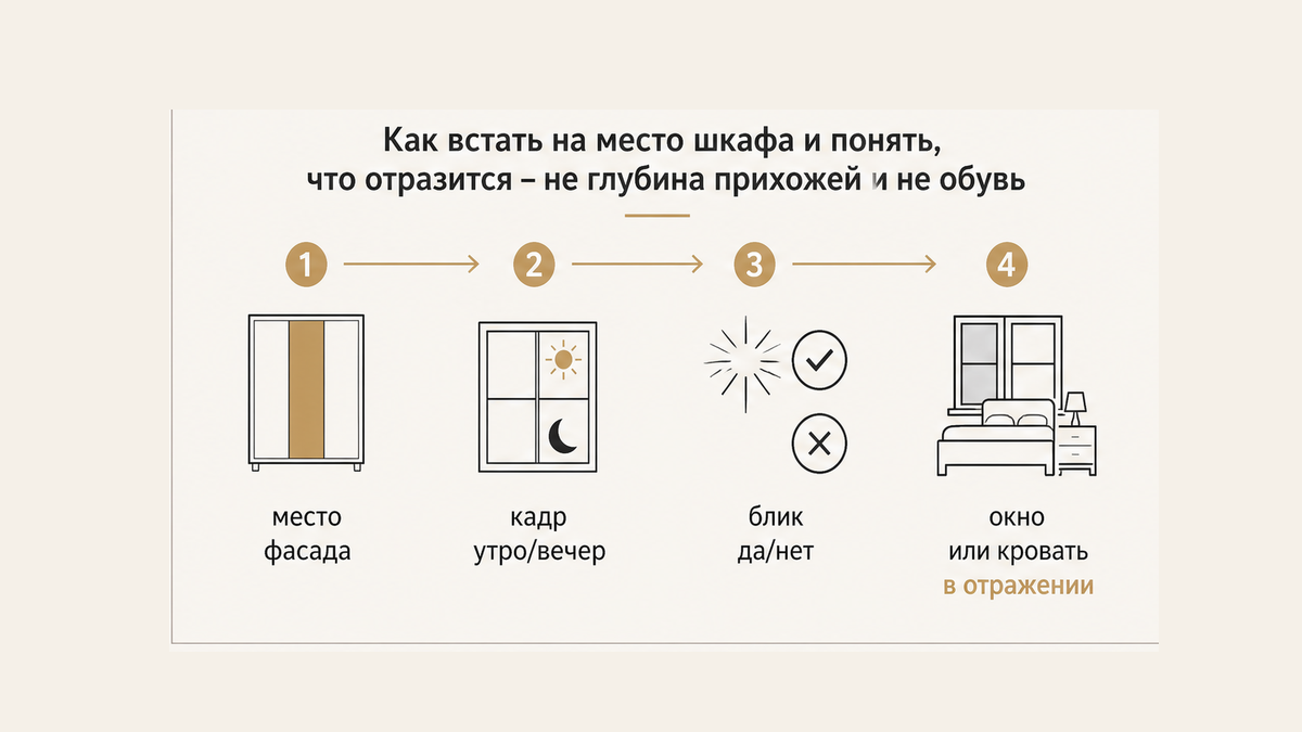 Схема без людей: место фасада, кадр утро и вечер, блик да-нет — не глубина прихожей и не обувь