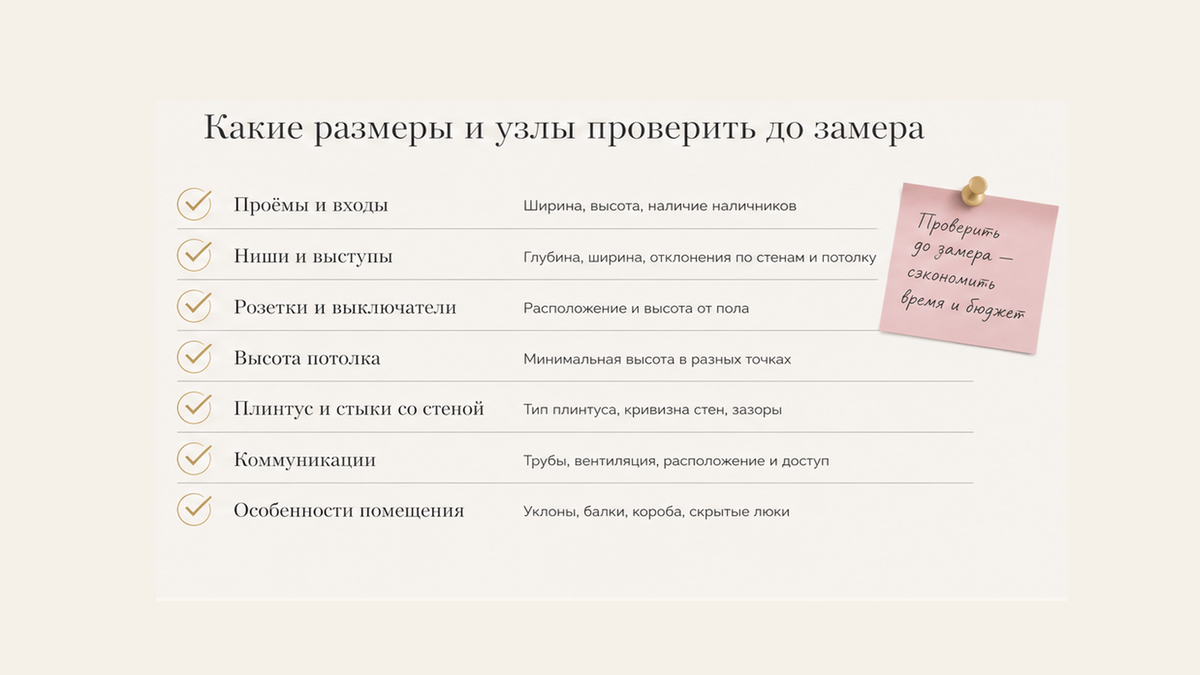 Чеклист размеров и узлов корпусной мебели до замера