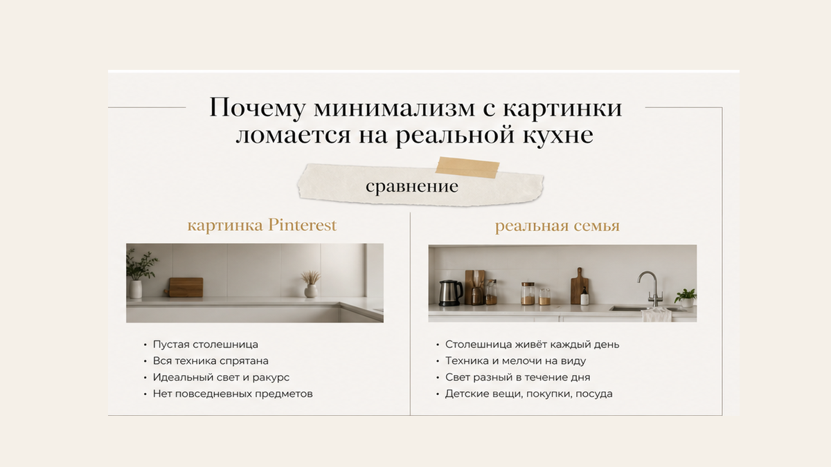 Сравнение: минимализм с картинки против реальной семейной кухни