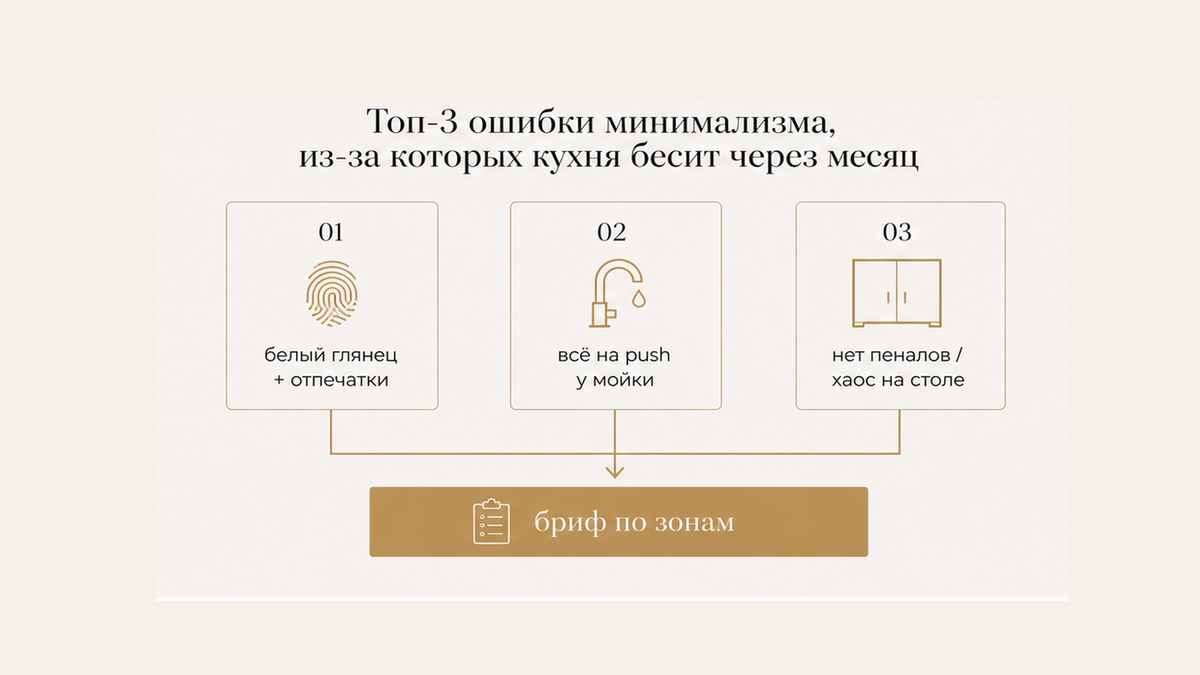Схема трёх ошибок минимализма: глянец, push у мойки, отсутствие пеналов