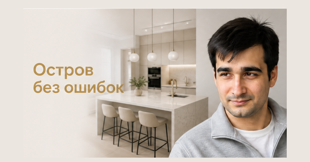 Николай Томашевич на фоне кухни с островом: крючок «Остров без ошибок»
