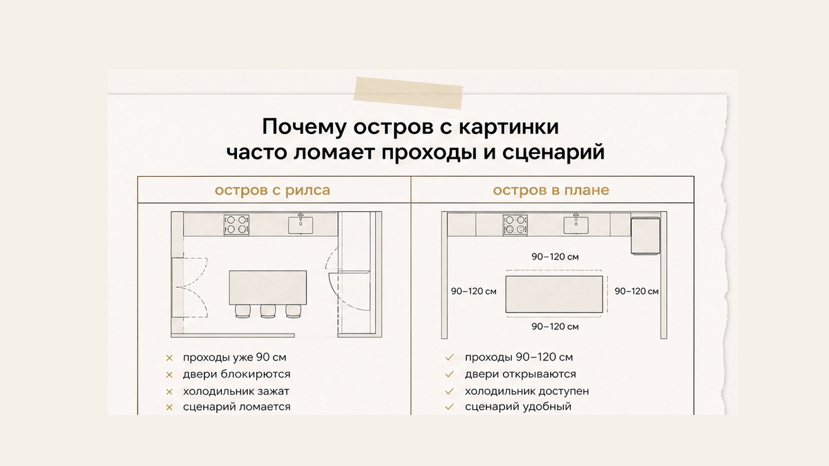 Сравнение: остров с картинки ломает проходы vs остров в плане с нормальными проходами